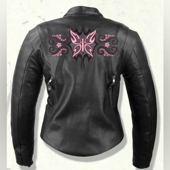 Milwaukee Leather Ladies Black Leather Jacket Fuchsia Butterfly Design Size L - Picture 1 of 13